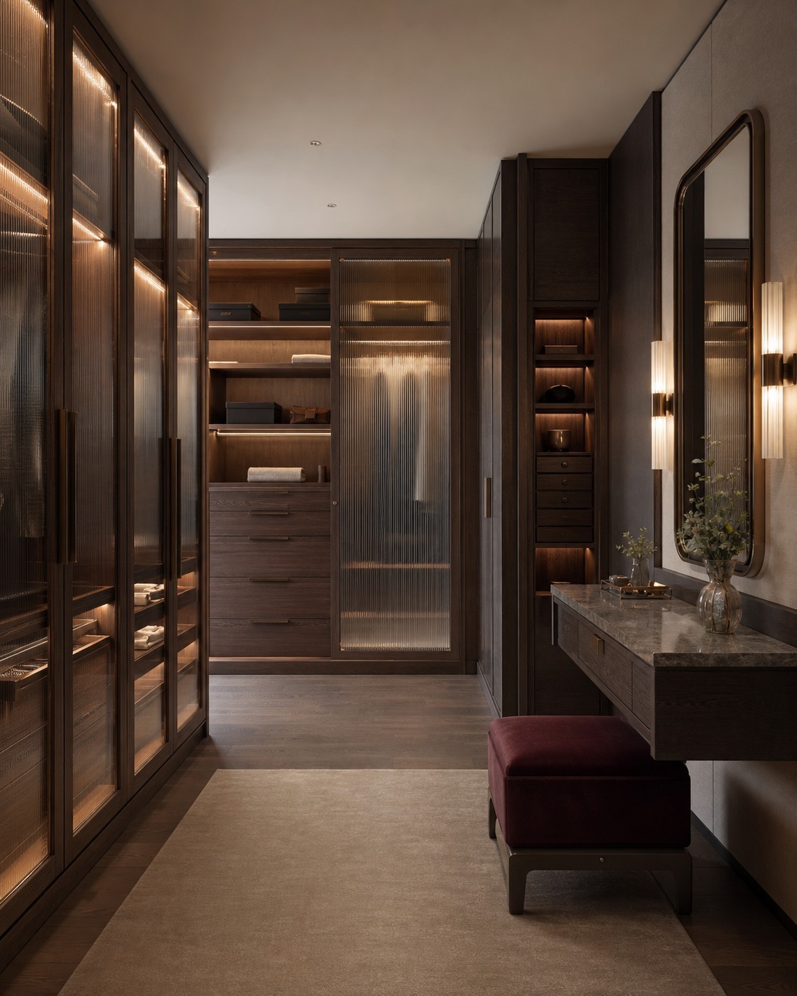 Walnut dressing room with illuminated glass wardrobe doors