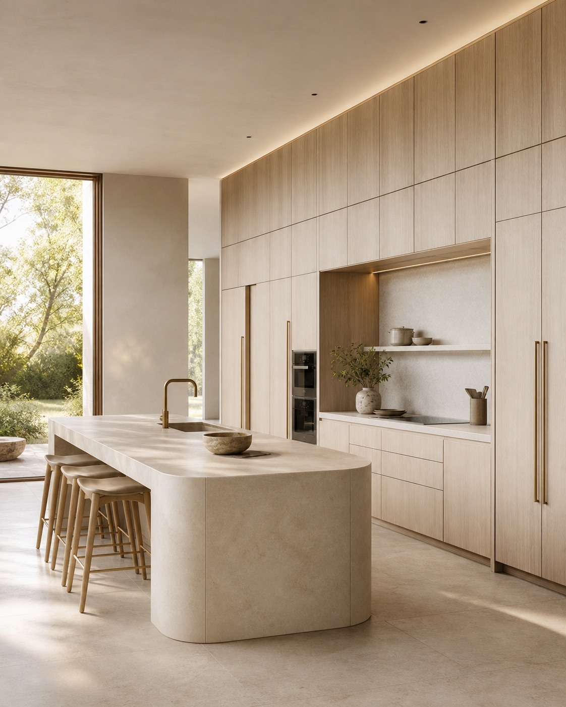 Light oak kitchen with waterfall stone island opening onto a garden